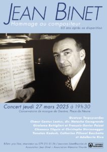 Affiche Concert Jean Binet jeudi 27 mars 2025, conservatoire de musique de Genève, Place Neuve